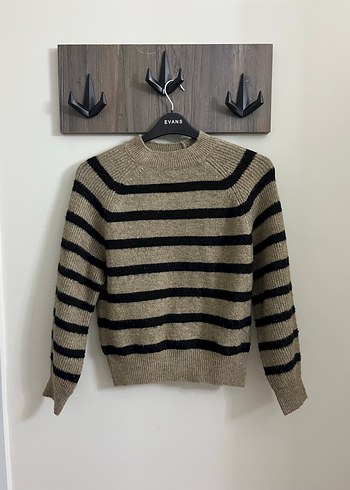 Mango Boğazlı Çizgili Kahverengi Triko Kazak - Görsel 2