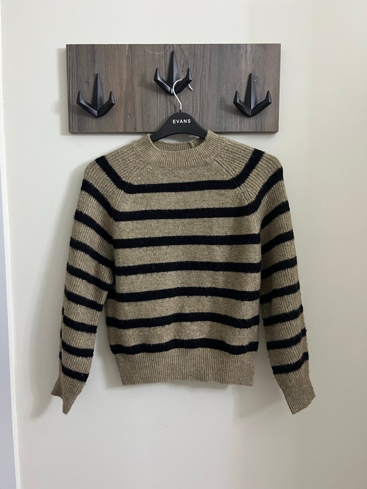 Mango Boğazlı Çizgili Kahverengi Triko Kazak - Görsel 2