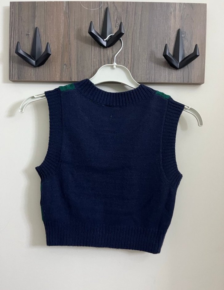 H&M Koyu Yeşil Çizgili Kısa Triko Süveter - Görsel 2