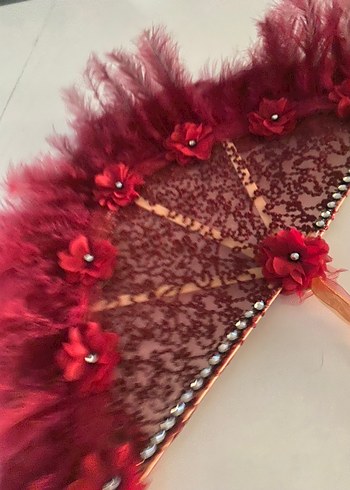 Dantel ve Tüy Detaylı Kırmızı Yelpaze - Görsel 4