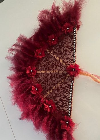 Dantel ve Tüy Detaylı Kırmızı Yelpaze - Görsel 3