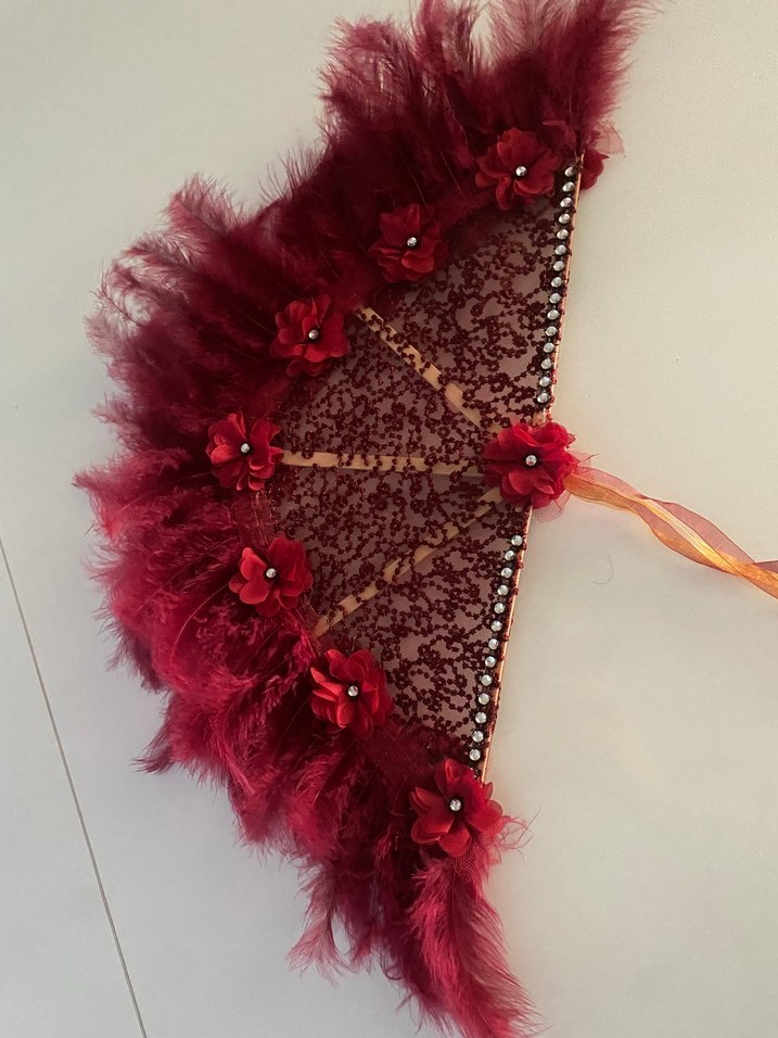 Dantel ve Tüy Detaylı Kırmızı Yelpaze - Görsel 5