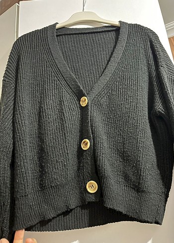 Düğmeli Siyah Örgü Kadın Hırka - Görsel 3