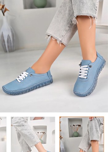 Mavi Deri Kadın Günlük Sneakers
