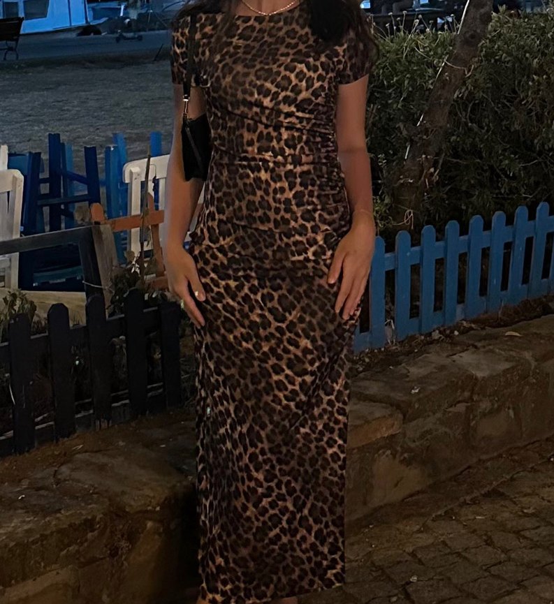 Leopar Desenli Drapeli Uzun Elbise - Görsel 2