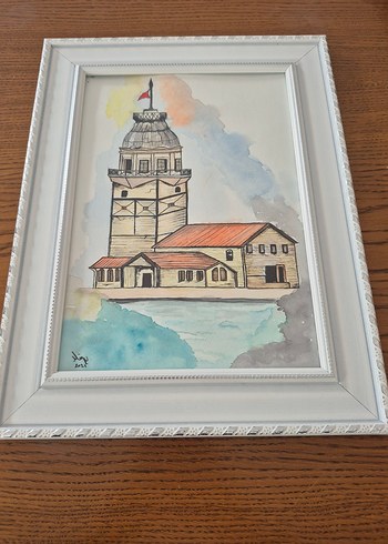 İstanbul ruhunu yansıtan Renkli Kız Kulesi Suluboya Tablo - Görsel 2