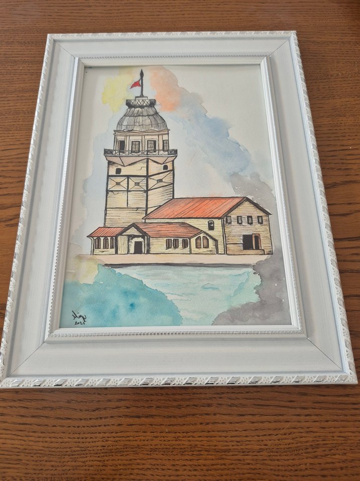 İstanbul ruhunu yansıtan Renkli Kız Kulesi Suluboya Tablo - Görsel 2