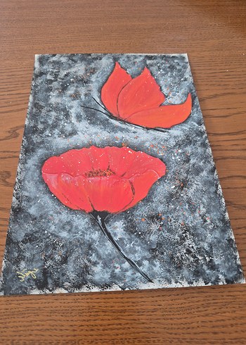 Kırmızı Gelincik Çiçeği ve Kelebek Tablosu - Görsel 2