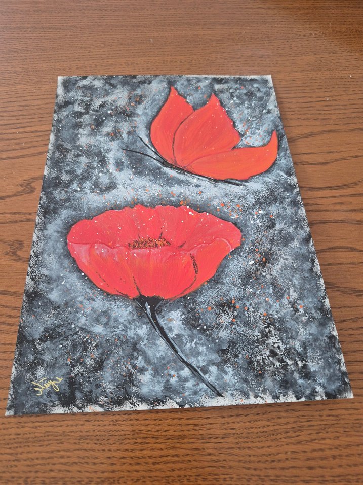 Kırmızı Gelincik Çiçeği ve Kelebek Tablosu - Görsel 2