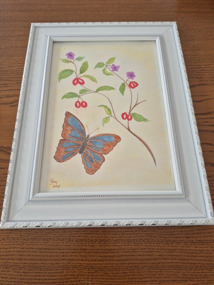 Mavi Kelebek ve Çiçekler Suluboya Tablo - Görsel 2