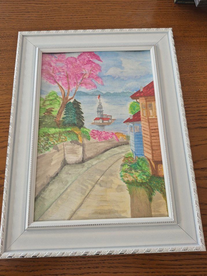 Suluboya Pembe Pastel Renkli Manzara Tablosu - Görsel 2