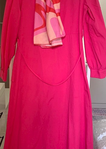 Pembe Uzun Drapeli Kadın Elbise - Görsel 3