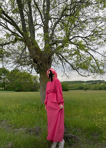 Pembe Uzun Drapeli Kadın Elbise - Görsel 5