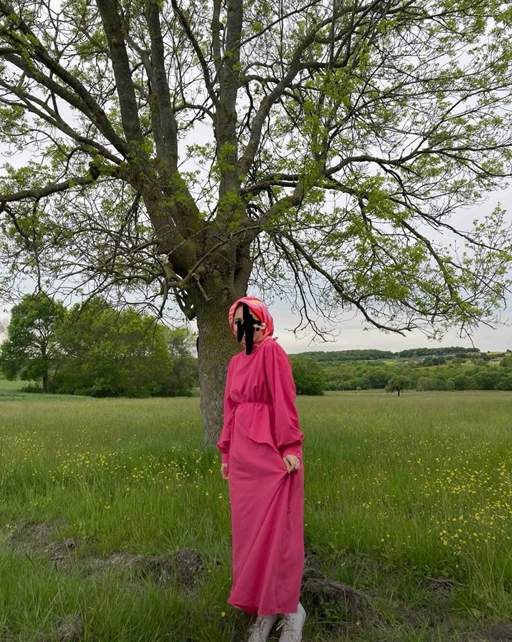 Pembe Uzun Drapeli Kadın Elbise - Görsel 5