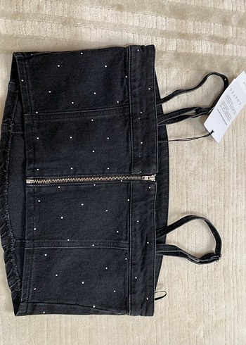 Siyah Bantlı Mini Denim Crop Top - Görsel 2