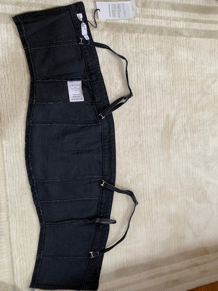 Siyah Bantlı Mini Denim Crop Top - Görsel 3