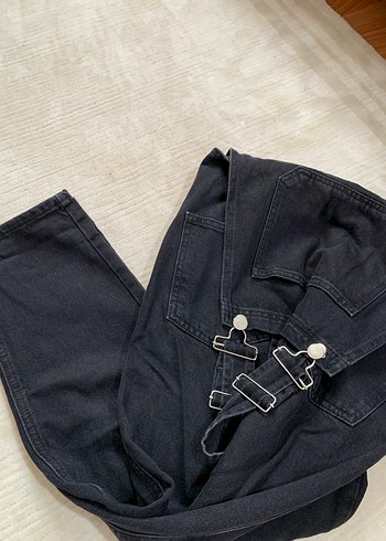 Kadın Siyah Denim Askılı Tulum - Görsel 6