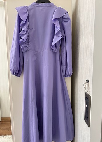 Uzun Kollu Mor Fırfırlı Uzun Elbise - Görsel 2