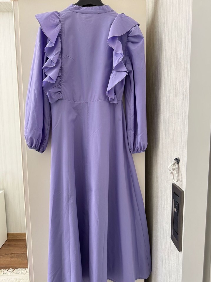 Uzun Kollu Mor Fırfırlı Uzun Elbise - Görsel 2