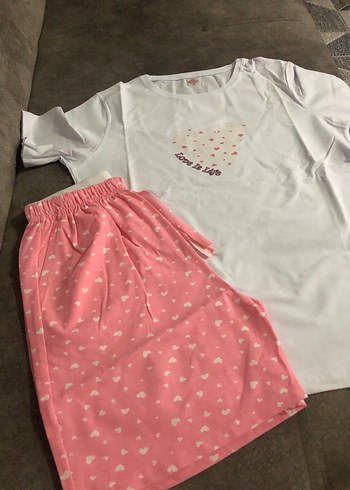 Pembe Kalp Desenli Kısa Kollu Kadın Pijama Takımı - Görsel 6