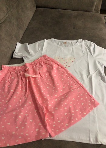 Pembe Kalp Desenli Kısa Kollu Kadın Pijama Takımı - Görsel 4