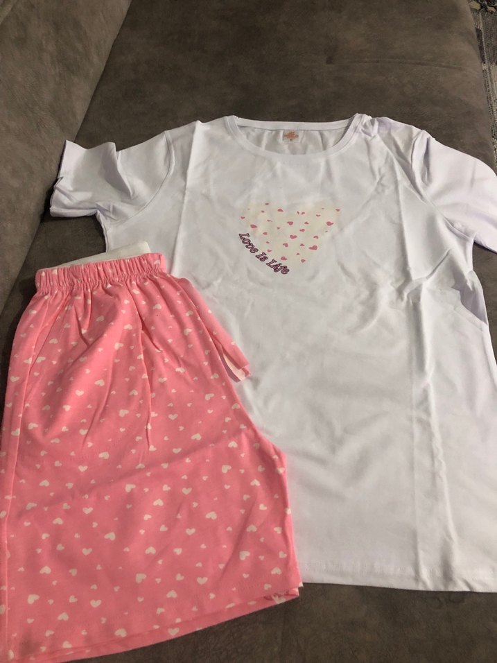 Pembe Kalp Desenli Kısa Kollu Kadın Pijama Takımı - Görsel 5