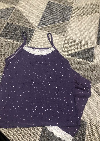 Mor Nakışlı İnce Askılı Mini Pijama Takımı - Görsel 4