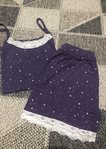 Mor Nakışlı İnce Askılı Mini Pijama Takımı - Görsel 2