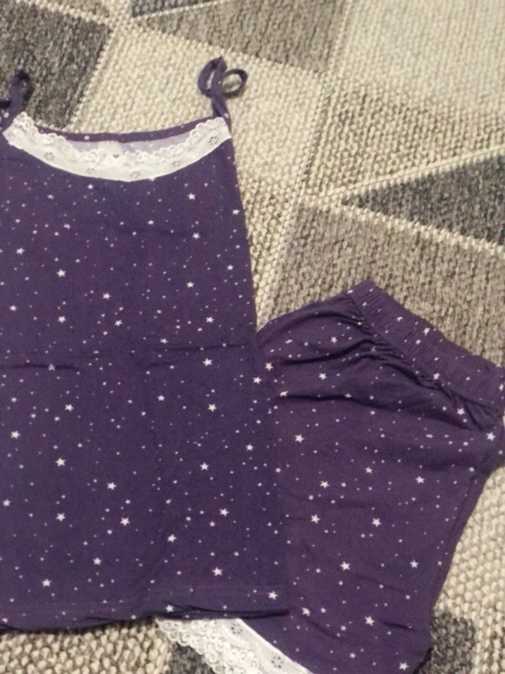 Mor Nakışlı İnce Askılı Mini Pijama Takımı - Görsel 3