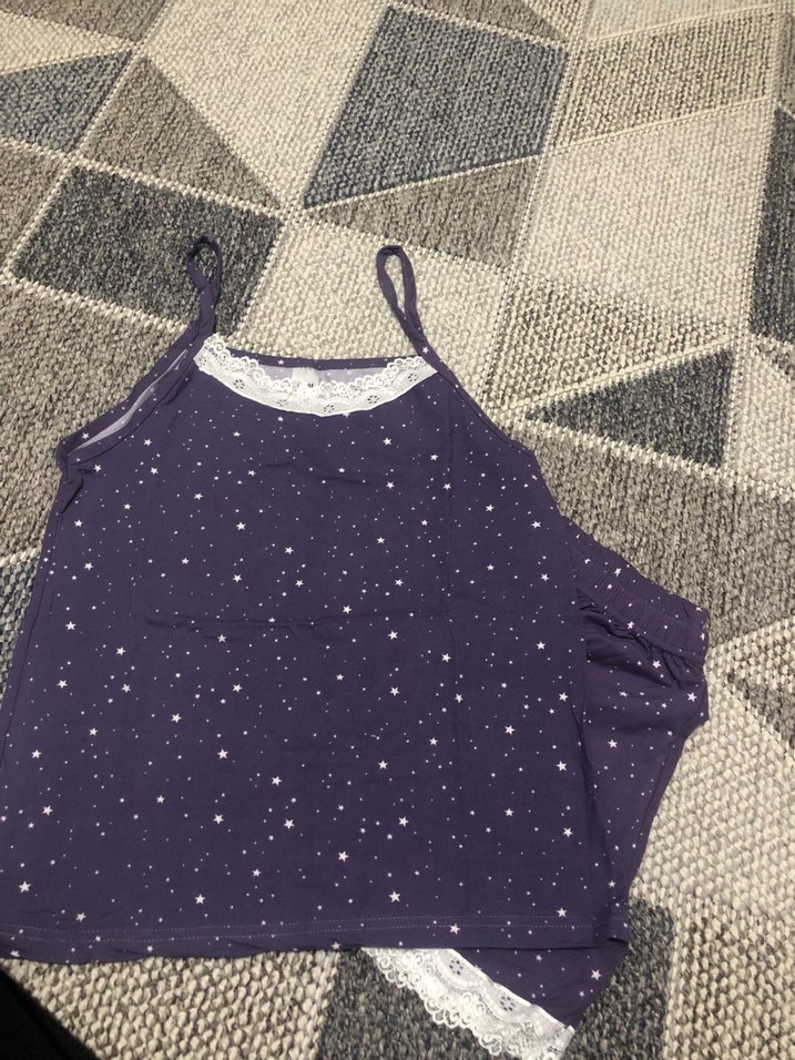 Mor Nakışlı İnce Askılı Mini Pijama Takımı - Görsel 4