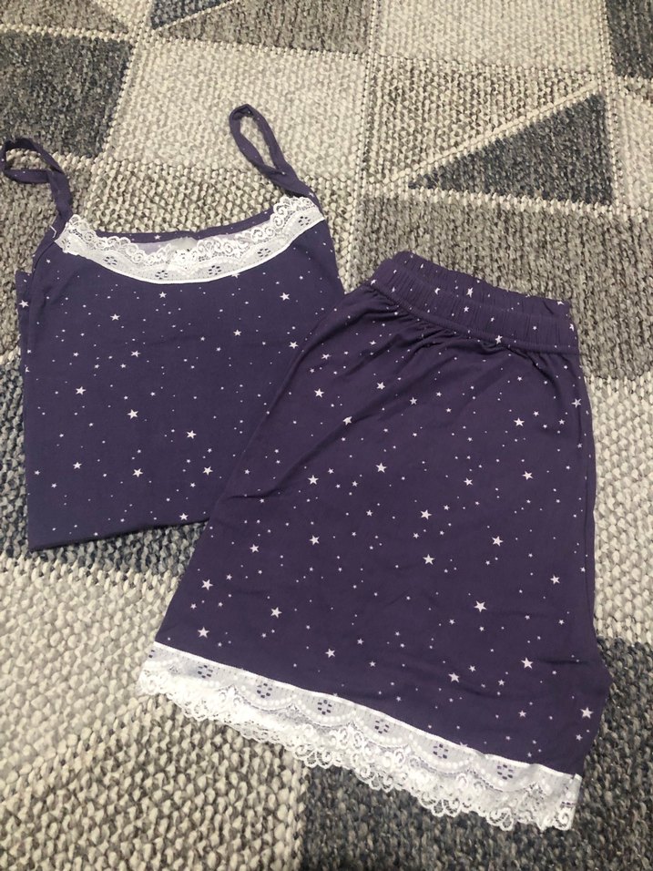 Mor Nakışlı İnce Askılı Mini Pijama Takımı - Görsel 2