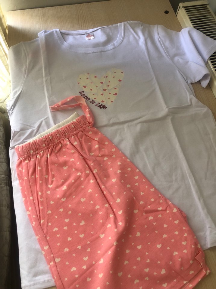 Pembe Kalpli Mini Kısa Kollu Kadın Pijama Takımı - Görsel 4