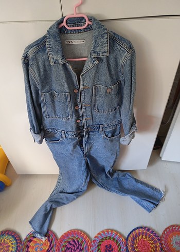 l Beden mavi Renk Düğmeli Uzun Kollu Denim Tulum