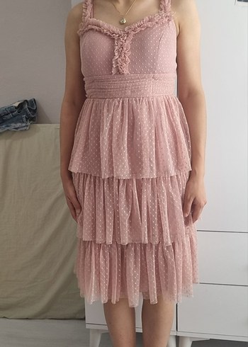 Pembe Bohem Kat Kat Midi Elbise