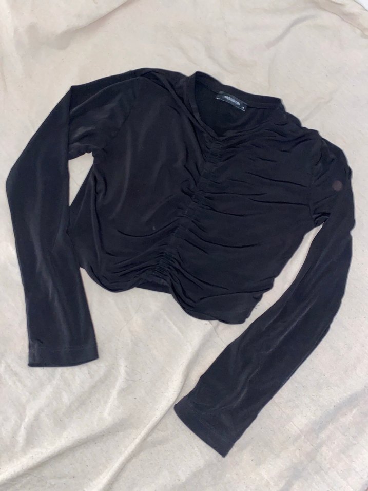 Drapeli Siyah Uzun Kollu Bluz - Görsel 2