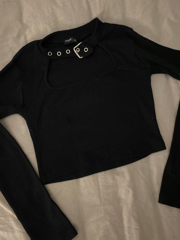 Siyah Süet Kemerli Uzun Kollu Bluz - Görsel 3