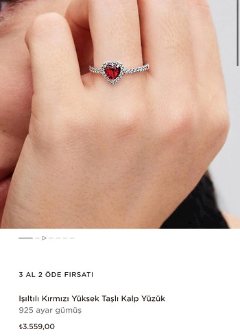 Kırmızı Taşlı Pandora Kalp Yüzük Orijinal - Görsel 5