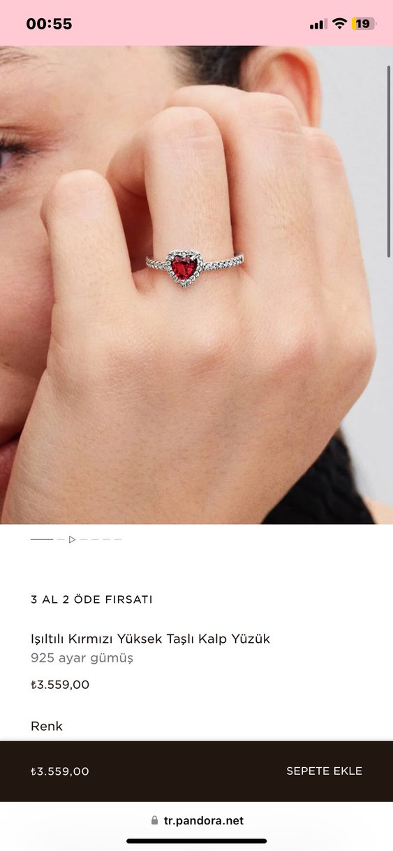 Kırmızı Taşlı Pandora Kalp Yüzük Orijinal - Görsel 5