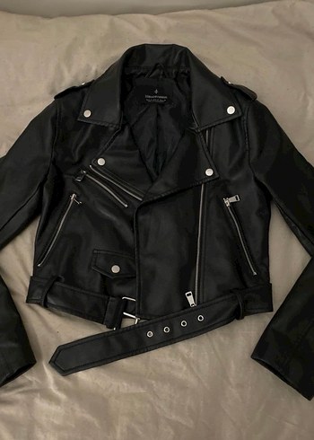 Kemerli Siyah Kadın Deri Biker Ceket - Görsel 2