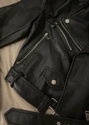 Kemerli Siyah Kadın Deri Biker Ceket - Görsel 5