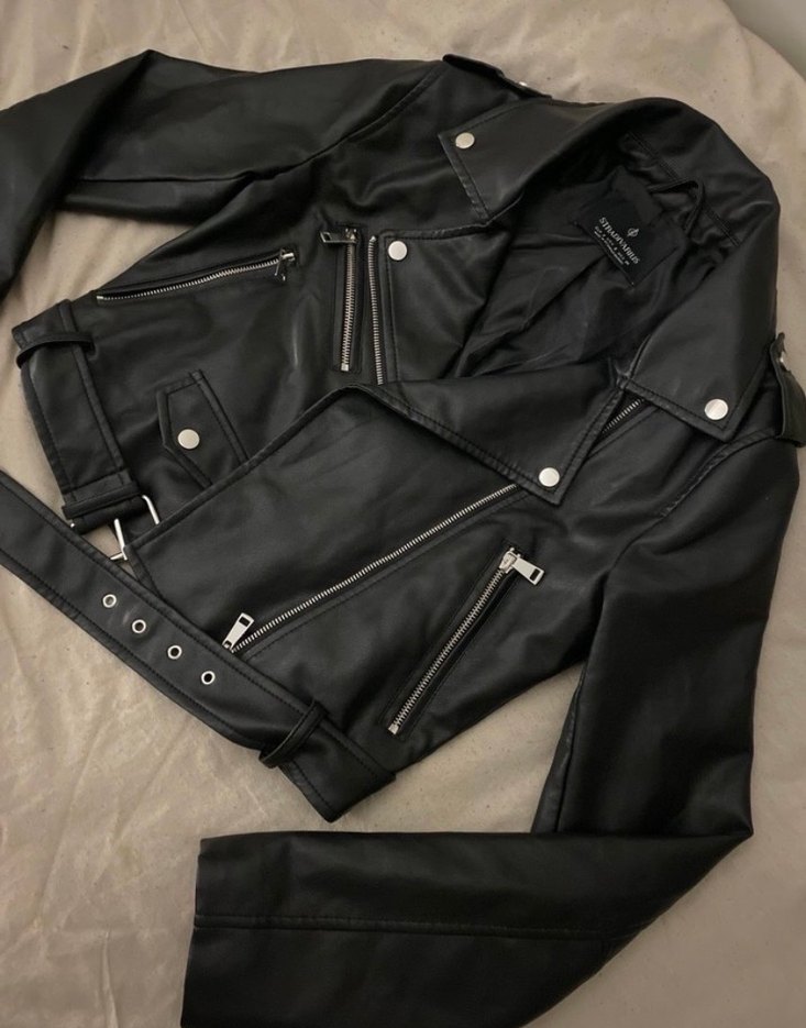 Kemerli Siyah Kadın Deri Biker Ceket - Görsel 3