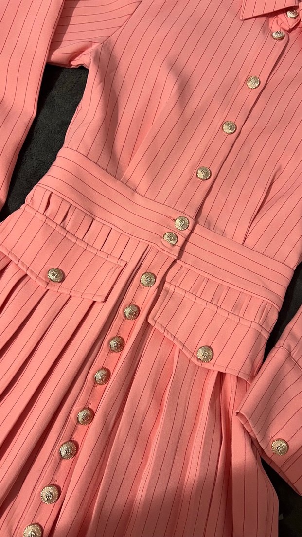 Düğmeli Pembe Çizgili Mini Elbise - Görsel 3