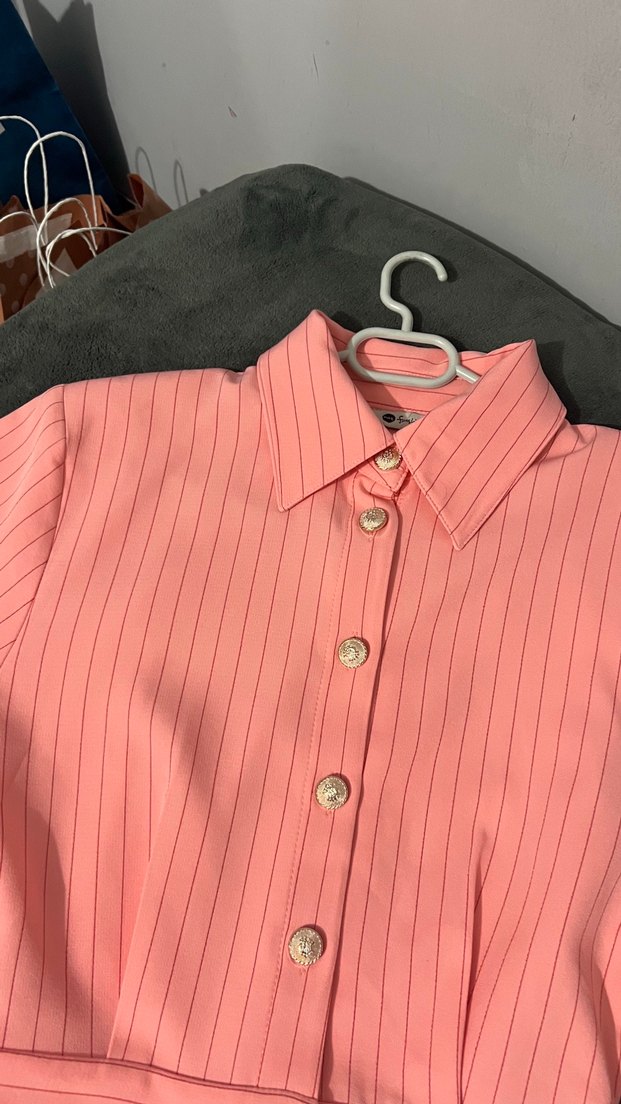 Düğmeli Pembe Çizgili Mini Elbise - Görsel 4