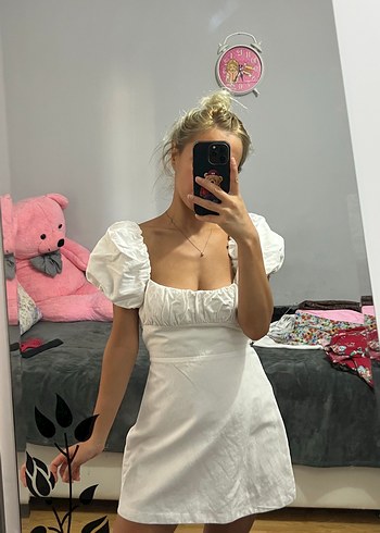 Zara Beyaz Straplez Mini Elbise Gösterişli Kısa Kollu sırt detaylı