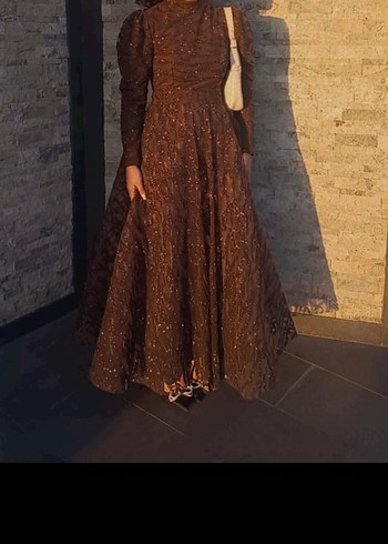 Uzun Kollu Kahverengi Desenli Kadın Elbise - Görsel 3