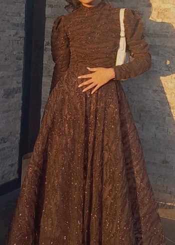 Uzun Kollu Kahverengi Desenli Kadın Elbise - Görsel 2