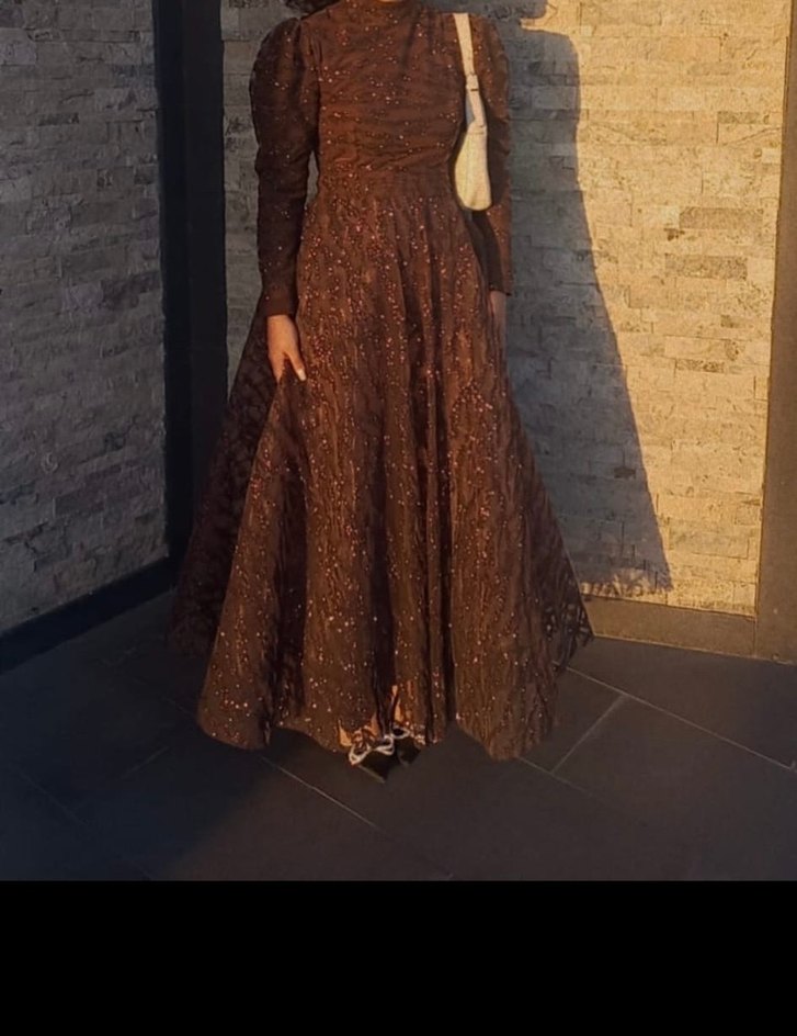 Uzun Kollu Kahverengi Desenli Kadın Elbise - Görsel 3