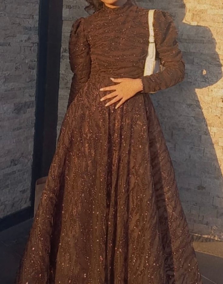 Uzun Kollu Kahverengi Desenli Kadın Elbise - Görsel 2