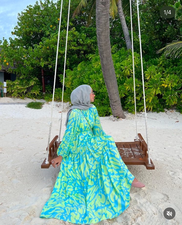 Turkuaz Bağlama Desenli Uzun Salaş Elbise - Görsel 2