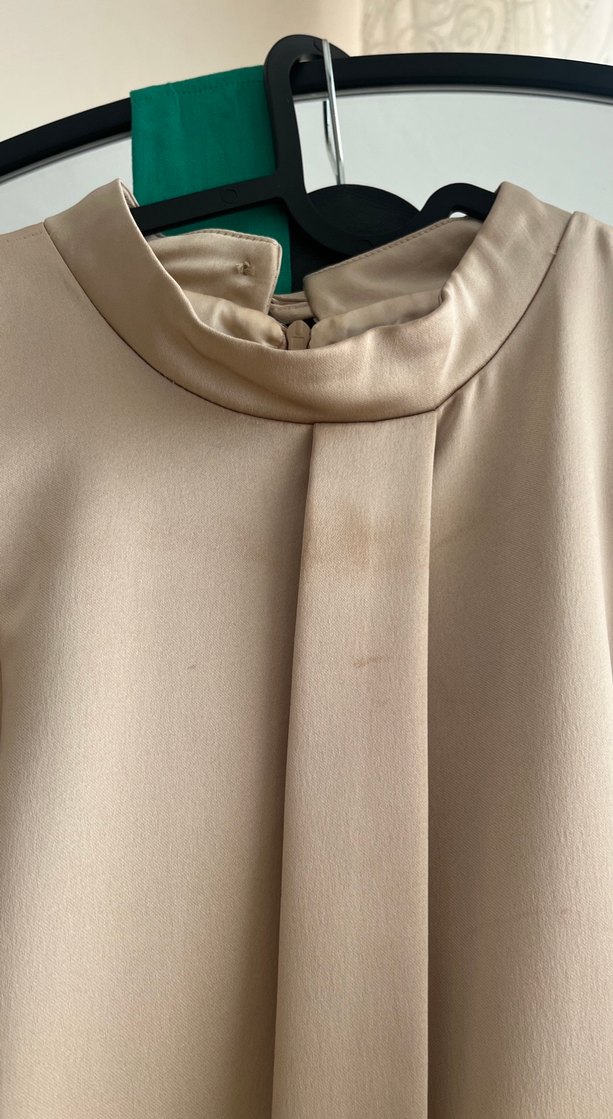 Bej Saten Uzun Kollu Modern Klasik Elbise - Görsel 3